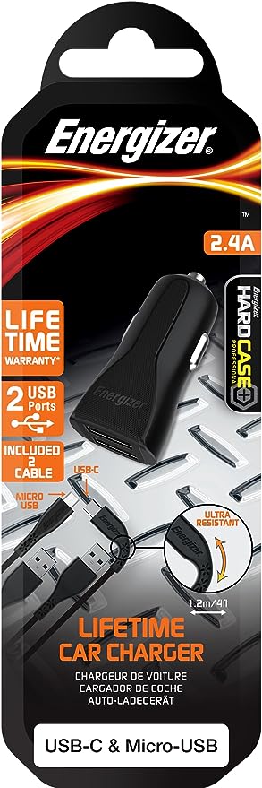 ENERGIZER CAR CHARGER LW 2.4A 2USB+USB-C2.0 +Micro Cable Bk - Era Tablet