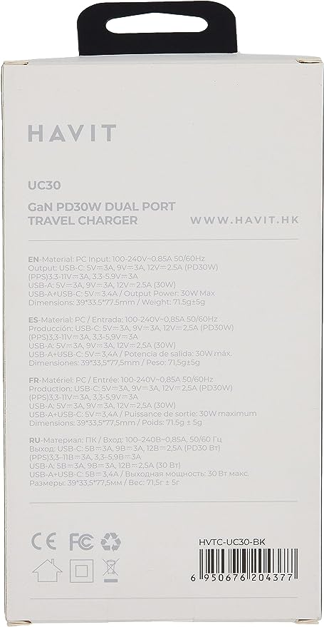 TETE CHARGEUR HAVIT FAST CHARGER HV-UC30 DUAL USB-C PD33W+USB-A PD30W