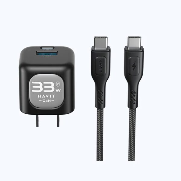 HAVIT  UC233 - 33W Gan Travel Charger with Type C to Type C Cable Included - Black