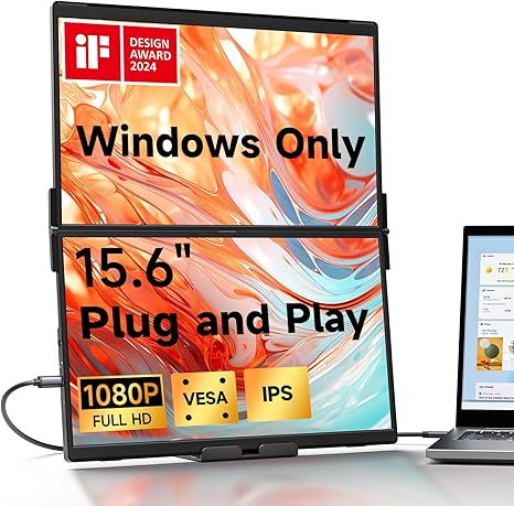 JSAUX PM0207 FlipGo Lite 15.6" Portable Dual Stacked Monitor, 1080P FHD IPS Laptop Screen Extender with Built-in Hub, Magnetic Design, No Driver Required, One Cable for Triple Monitor Setup (Windows Only)